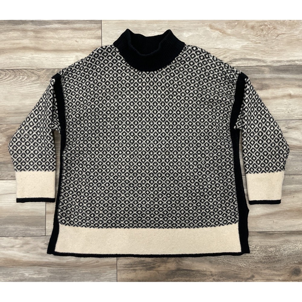 J Jill Sweater Mock Neck Black Cream Patterned Comfy Split Sides Women's XL